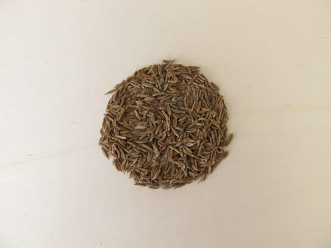 Caraway seeds, Carum carvi, on a wooden board