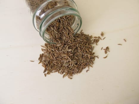 Caraway seeds, Carum carvi, on a wooden board