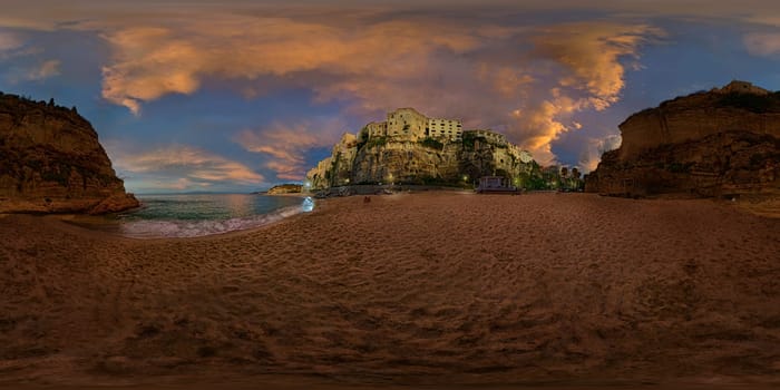 360°x180° full screen panorama on the beach of Tropea,Calabria,Italy at sunset