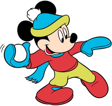 mickey mouse character happpy illustration winter snowball throw