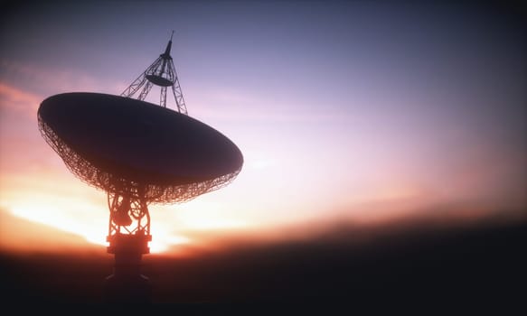 Huge satellite antenna dish for communication and signal reception out of the planet Earth. Observatory searching for radio signal in space at sunset. 3D illustration.