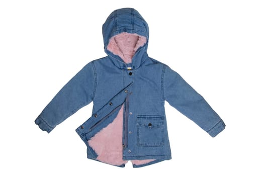 Kids jeans jacket isolated. A stylish fashionable cozy warm denim blue jacket with a light pink lining for the little girl. Children autumn and winter fashion.
