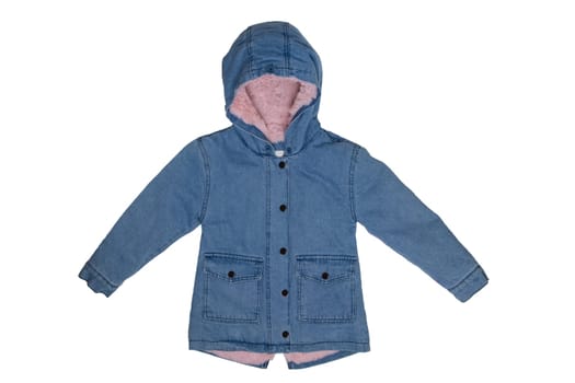 Kids jeans jacket isolated. A stylish fashionable cozy warm denim blue jacket with a light pink lining for the little girl. Children autumn and winter fashion.