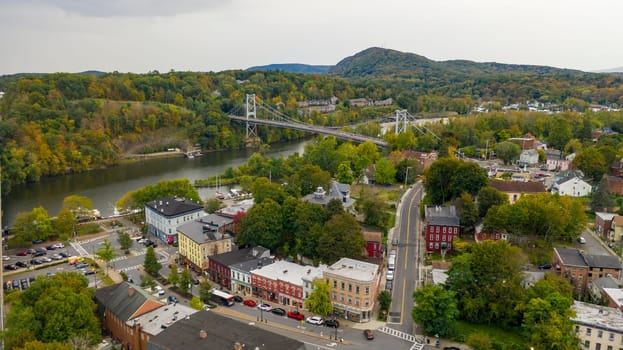 Rondout Creek flows past under bridges on the waterfront in South Kingston New York USA
