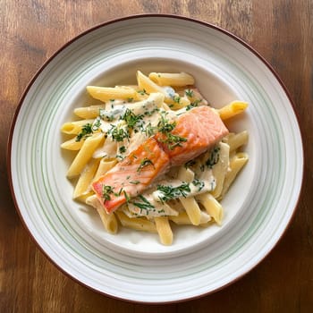 Penne aux deux saumons features creamy dill sauce succulent roasted salmon and smoked salmon for a rich seafood experience.