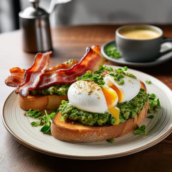 Delicious poached eggs crispy bacon vibrant salad greens and parsley pesto served with toasted bread and espresso for breakfast delight.