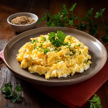 Oeuf Brouille features soft and fluffy scrambled eggs enhanced with butter and fresh herbs served warm for breakfast or brunch.