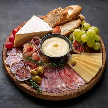 Delicious spread of mixed cheeses and cured meats beautifully arranged with fresh baguette slices and creamy butter for sharing.