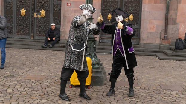 FRANKFURT, GERMANY, OCTOBER 5th 2019 Two painted mime artists in historic City of Frankfurt Main