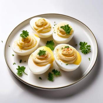 Oeufs Mayonnaise features boiled eggs with creamy yolks and rich mayonnaise garnished with fresh herbs for a delightful presentation.