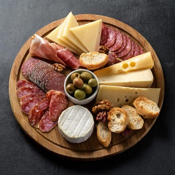 Delicious spread of mixed cheeses and cured meats beautifully arranged with fresh baguette slices and creamy butter for sharing.