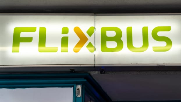 FRANKFURT, Germany - October 5th, 2019: Flixbus logo on ticket booth. Flixbus is a brand which offers intercity bus service all over Europe