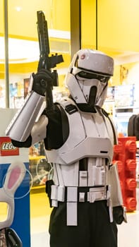 FRANKFURT, GERMANY - October 5st 2019: A person dressed as a Stormtrooper from Star Wars, at the 2019 in front of a toy shop in Frankfurt.