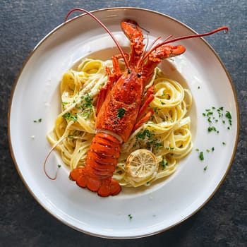 Linguine a la langouste features grilled spiny lobster creamy bisque sauce and fresh herbs for a delightful coastal dining experience.