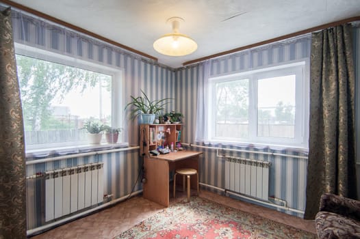 Russia, Moscow- June 06, 2019: interior room apartment. standard repair decoration in hostel. old not modern decor townhouse