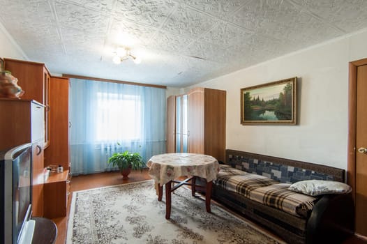 Russia, Moscow- June 06, 2019: interior room apartment. standard repair decoration in hostel. old not modern decor townhouse