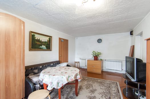 Russia, Moscow- June 06, 2019: interior room apartment. standard repair decoration in hostel. old not modern decor townhouse