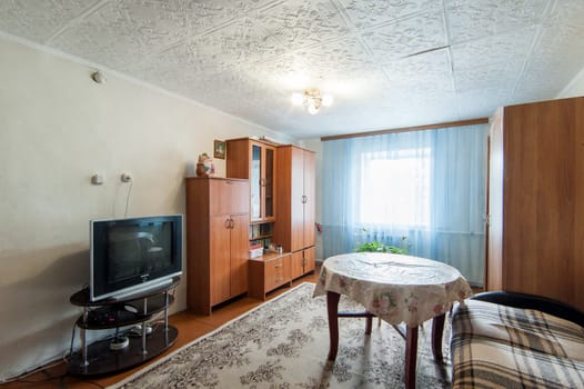 Russia, Moscow- June 06, 2019: interior room apartment. standard repair decoration in hostel. old not modern decor townhouse