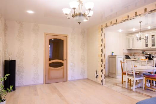 Russia, Moscow- June 10, 2019: interior room apartment. standard repair decoration in hostel. kitchen and dining room
