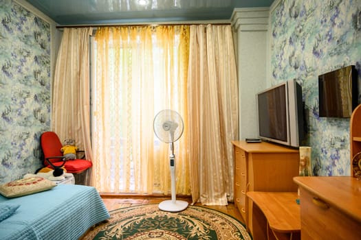 Russia, Moscow- June 06, 2019: interior room apartment. standard repair decoration in hostel. old not modern decor