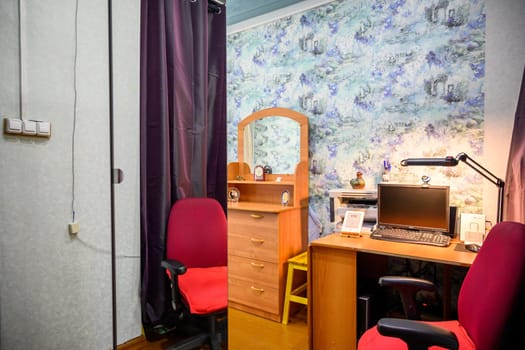Russia, Moscow- June 06, 2019: interior room apartment. standard repair decoration in hostel. old not modern decor