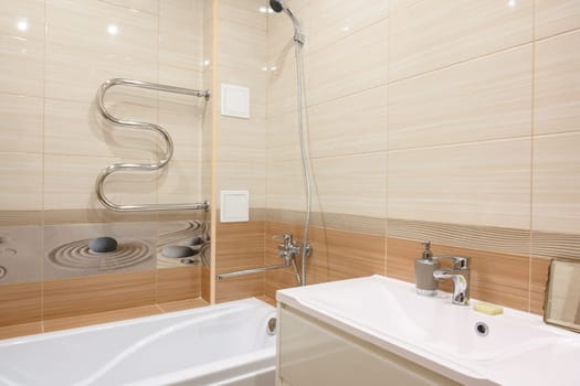 Russia, Moscow- June 10, 2019: interior room apartment. standard repair decoration in hostel. bathroom and toilet
