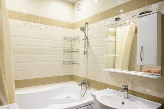 Russia, Moscow- June 10, 2019: interior room apartment. standard repair decoration in hostel. bathroom and toilet
