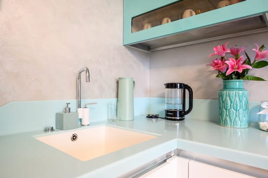 Russia, Moscow- June 10, 2019: interior room apartment. standard repair decoration in hostel. kitchen and dining room