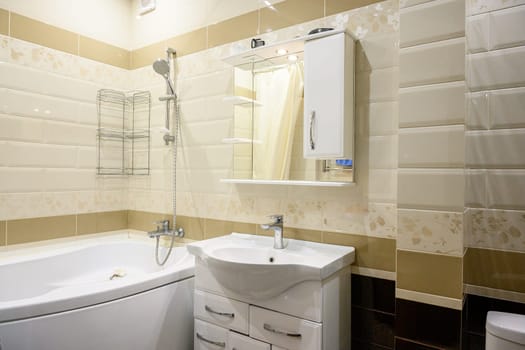Russia, Moscow- June 10, 2019: interior room apartment. standard repair decoration in hostel. bathroom and toilet