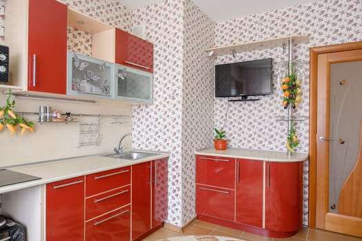 Russia, Moscow- June 10, 2019: interior room apartment. standard repair decoration in hostel. kitchen and dining room