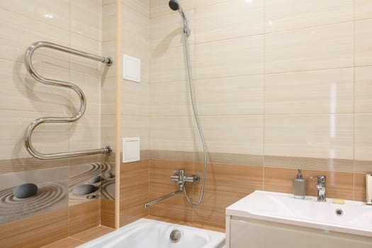 Russia, Moscow- June 10, 2019: interior room apartment. standard repair decoration in hostel. bathroom and toilet