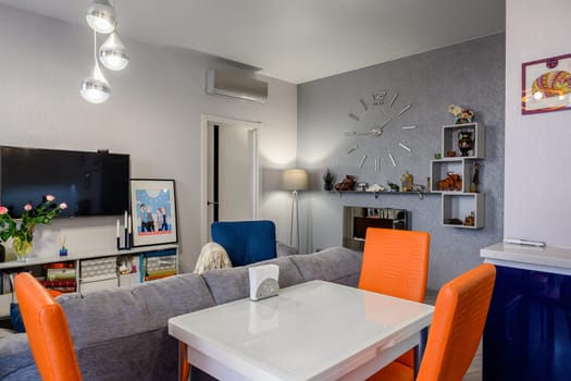 Russia, Moscow- June 10, 2019: interior room apartment. standard repair decoration in hostel. kitchen and dining room