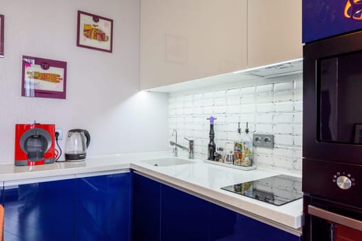 Russia, Moscow- June 10, 2019: interior room apartment. standard repair decoration in hostel. kitchen and dining room