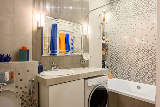 Russia, Moscow- June 10, 2019: interior room apartment. standard repair decoration in hostel. bathroom and toilet