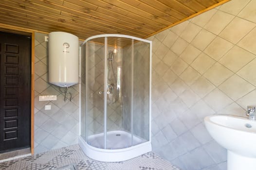 Russia, Moscow- June 10, 2019: interior room apartment. standard repair decoration in hostel. bathroom and toilet