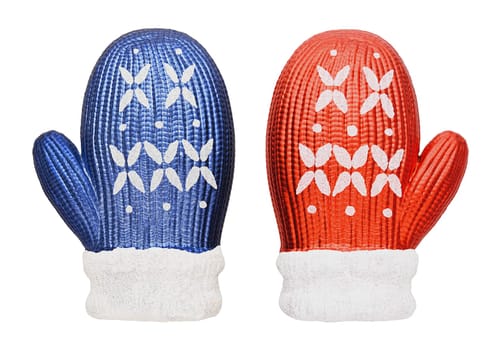 Set of matte winter knitted mittens christmas decoration isolated