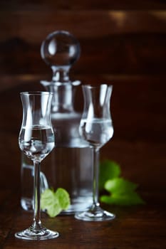 Two glasses of grappa bianca and decanter with green grape leaves in background