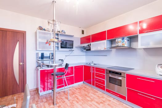 Russia, Moscow- June 10, 2019: interior room apartment. standard repair decoration in hostel. kitchen and dining room