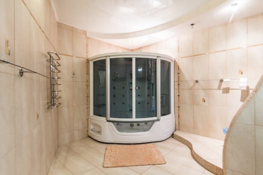 Russia, Moscow- June 10, 2019: interior room apartment. standard repair decoration in hostel. bathroom and toilet