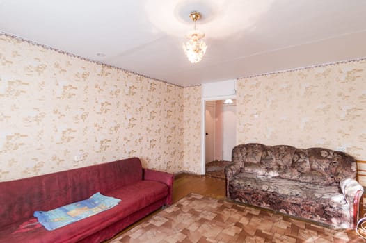 Russia, Moscow- June 11, 2019: interior room apartment. standard repair decoration in hostel. old not modern decor