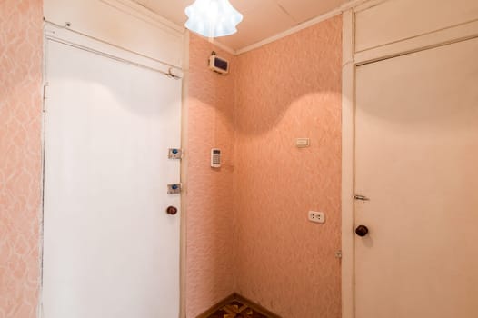 Russia, Moscow- June 11, 2019: interior room apartment. standard repair decoration in hostel. old not modern decor