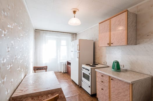 Russia, Moscow- June 11, 2019: interior room apartment. standard repair decoration in hostel. old not modern decor