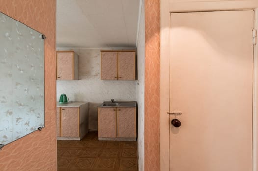 Russia, Moscow- June 11, 2019: interior room apartment. standard repair decoration in hostel. old not modern decor