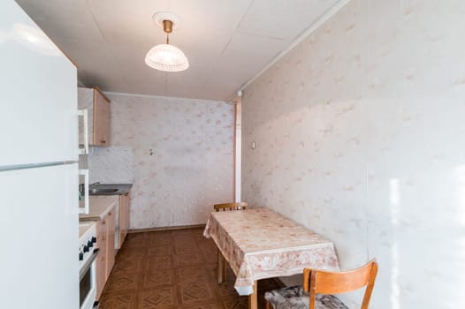 Russia, Moscow- June 11, 2019: interior room apartment. standard repair decoration in hostel. old not modern decor