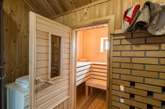 Russia, Moscow- June 11, 2019: interior room apartment. standard repair decoration in hostel. bathhouse, sauna