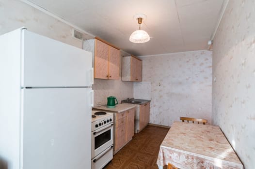 Russia, Moscow- June 11, 2019: interior room apartment. standard repair decoration in hostel. old not modern decor