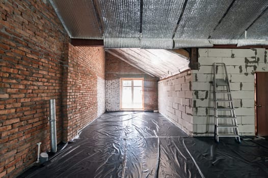 Russia, Moscow- June 11, 2019: interior room apartment. standard repair decoration in hostel. rough repair for self-finishing. finishing stage of construction