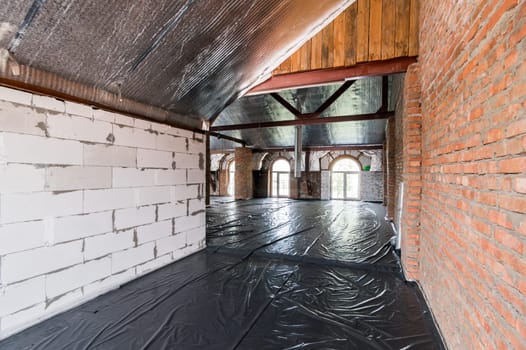 Russia, Moscow- June 11, 2019: interior room apartment. standard repair decoration in hostel. rough repair for self-finishing. finishing stage of construction