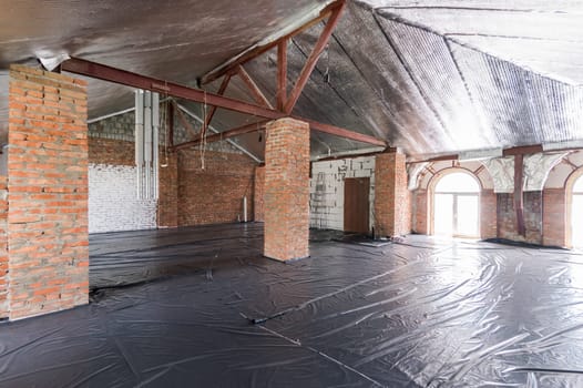 Russia, Moscow- June 11, 2019: interior room apartment. standard repair decoration in hostel. rough repair for self-finishing. finishing stage of construction