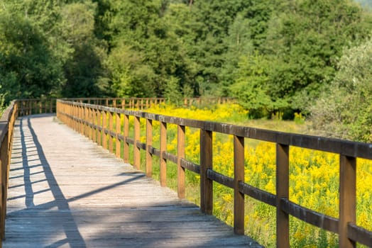 Bridge made of wooden boards over a green field with trees and wooded hills